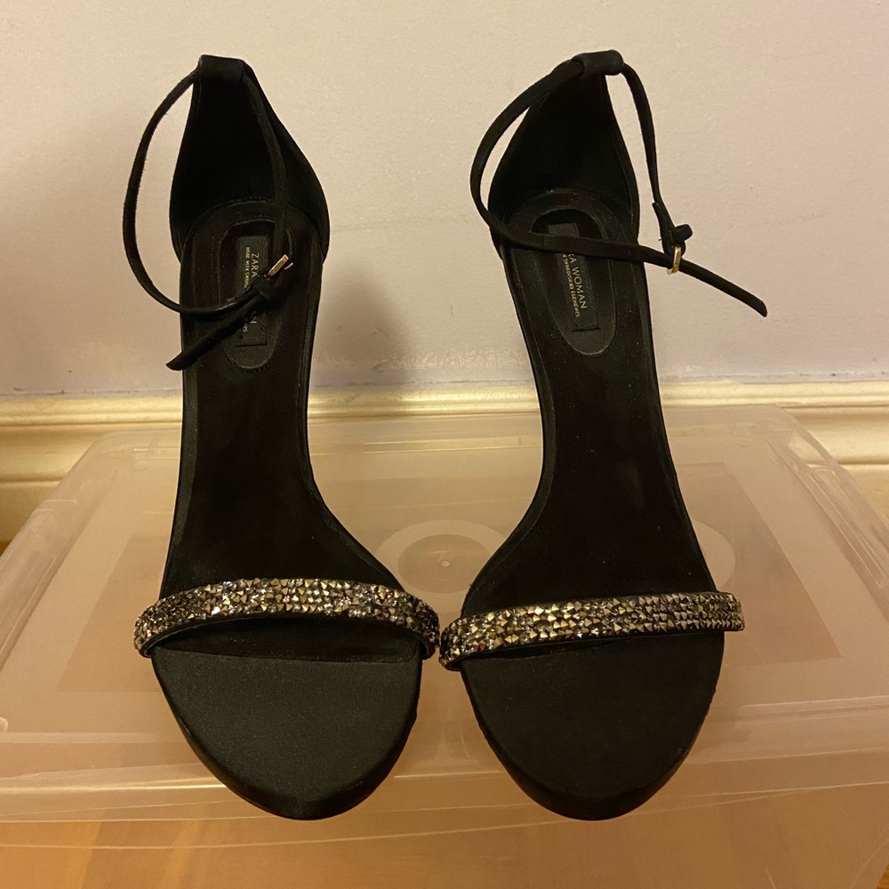 Zara Black Ankle w/ Swarovski Elements Strap Heels